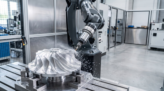 Industrial robot arm milling and deburring a large metal turbine impeller with coolant