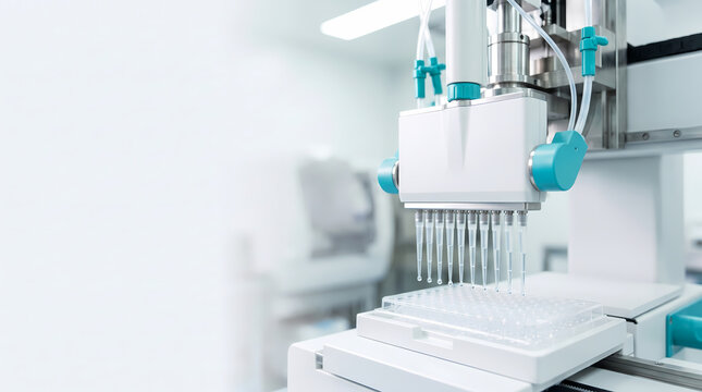 Automated liquid handling robot with a multichannel pipette dispensing into a microplate