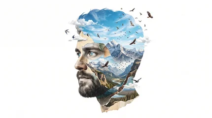 Double exposure portrait of a man blending with a mountainous landscape. © Fernando Sanso