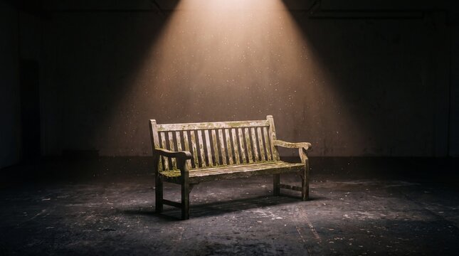 Rustic wooden bench under dramatic spotlight, weathered timber seat in dark room, cinematic furniture lighting for theater or gallery