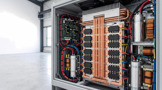 Power electronics cabinet for renewable energy showing thick copper busbars and IGBT modules