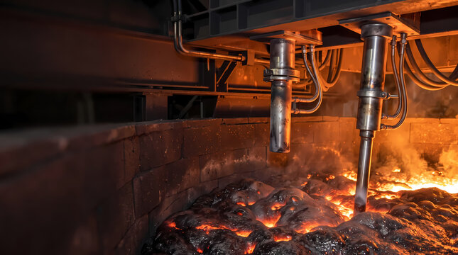 Electric arc furnace in a steel plant with graphite electrodes lowered into molten slag
