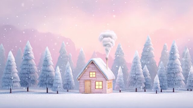 ?Cozy winter cabin with glowing lights amidst snowy pine forest at dusk