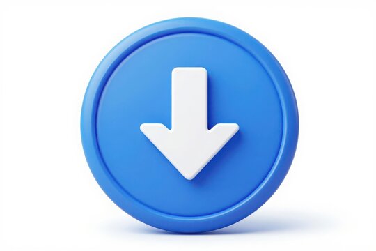Blue circle button with white download arrow icon 3d illustration.