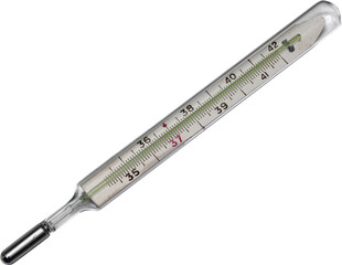 Traditional glass mercury thermometer isolated on transparent background, fever measurement concept.