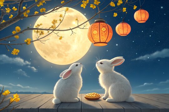3D Mid Autumn Festival Mooncake Rabbit Moon Celebration, 3D Chinese Mid Autumn Festival Mooncake Rabbit Full Moon Illustration