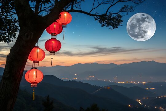 Asian Lanterns Full Moon Starry Night Festival Background, Tanabata Qixi Mid Autumn Festival Lantern Moon Celebration