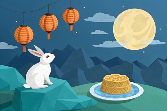 Mid Autumn Festival Jade Rabbit Mooncake Full Moon Low Poly Vector, Mid Autumn Moon Festival Jade Rabbit Mooncake Low Poly Illustration