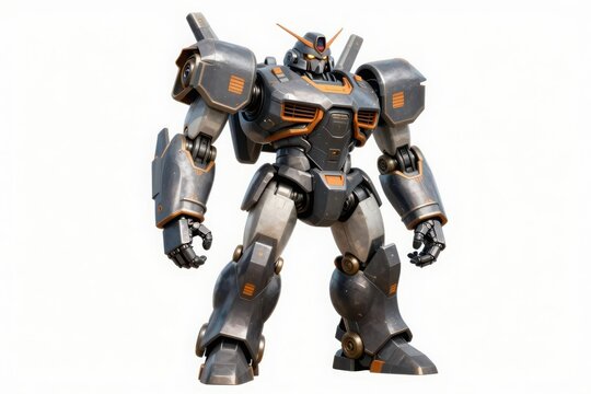 Metallic mecha robot suit with orange accents for futuristic gaming art.