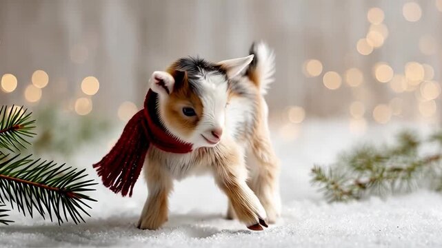 ?Adorable baby goat wearing scarf playfully exploring snowy winter wonderland