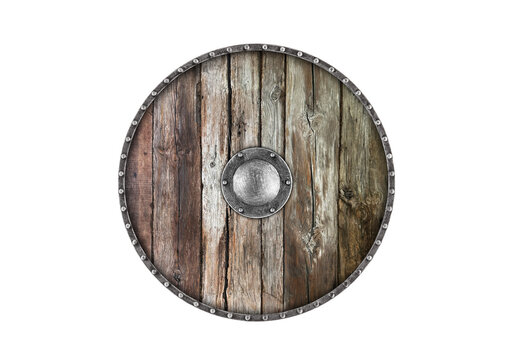 Old wooden round shield isolated on white background
