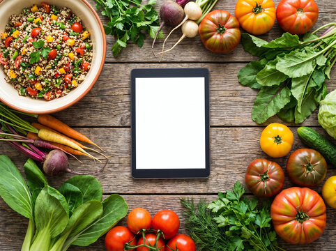Blank tablet computer screen surrounded by fresh vegetables, herbs, and spices. Healthy cooking recipe and diet mockup.