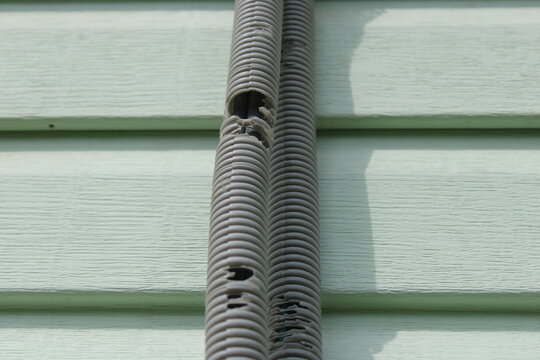 Damaged cracked corrugated conduit pipe with exposed electrical wire
