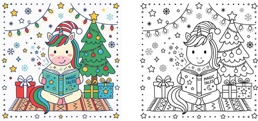 Fototapeta premium Cute Christmas Unicorn Reading Magic Book Coloring Page and Colored Vector Illustration for Kids Holiday Activity