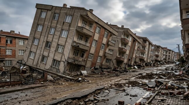 The devastating aftermath of a severe earthquake leaves residential buildings heavily damaged and tilted dangerously over a debris-strewn street filled with mud and rubble