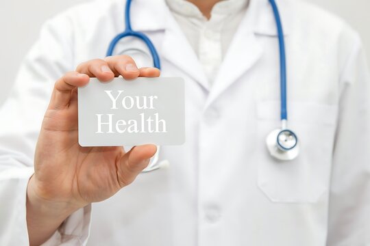 Doctor holding a card with Your Health text for medical insurance and wellness concept