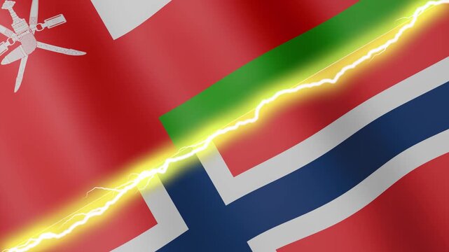 Two waving flags Oman and Norway with diagonal lightning seamless, 4k loop