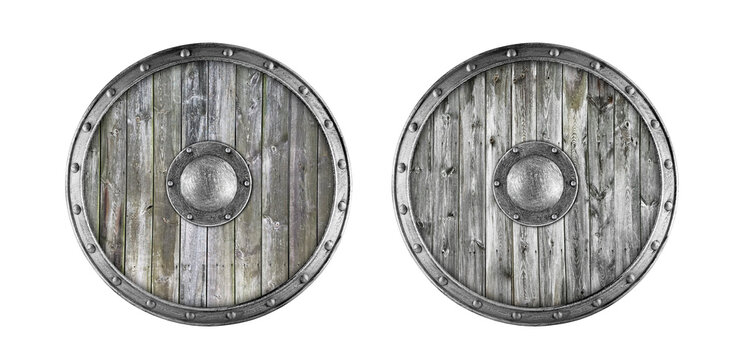 Old wooden round shield isolated on white background