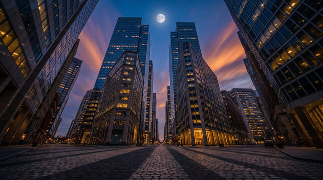 Skyscrapers converging toward sky under a full moon at twilight night