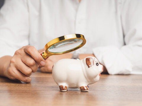 Person examining piggy bank with magnifying glass