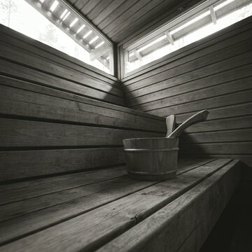 Wooden sauna bucket and ladle resting on bench inside minimalist sauna interior with soft window