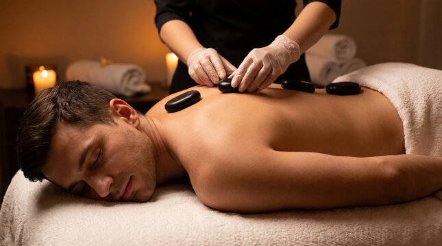 Man receiving hot stone back massage therapy in spa salon