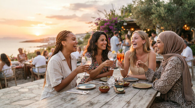 Four women raising glasses at an outdoor table by the water at sunset in a calm quiet moment