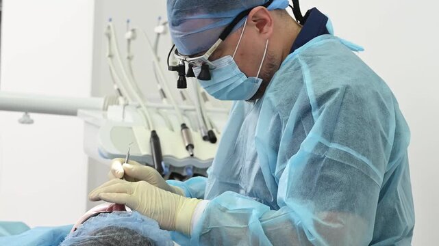  Dental surgeon performing gum restoration and dental implant placement, wearing sterile gowns, masks and gloves, working inside patient mouth during oral surgery in clinic