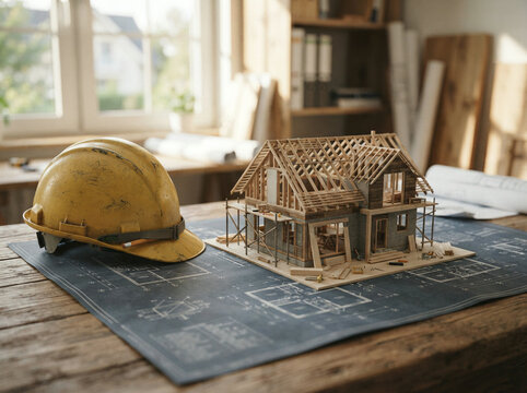 Wooden house model on a blueprint beside a hard hat and a pencil in a calm quiet moment
