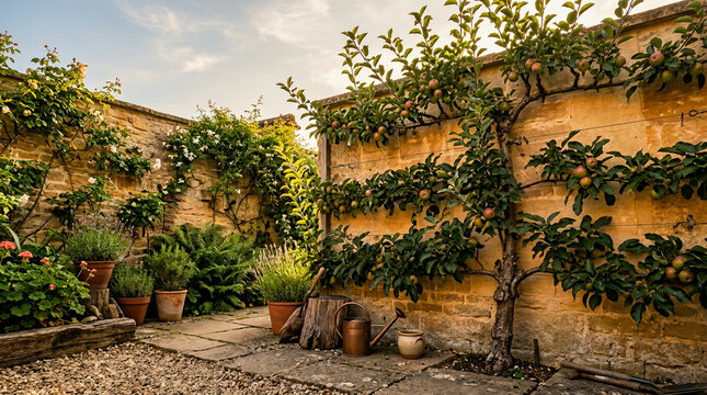 Fruit tree trained against a weathered brick wall in a rustic courtyard garden at sunset