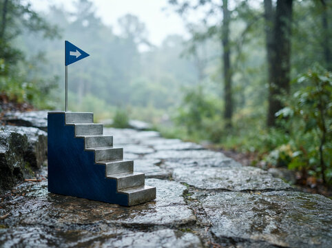 Miniature concrete staircase with a blue arrow flag on a wet mossy stone