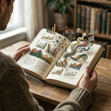 Bearded man holding an illustrated book of hand drawn charts at a table