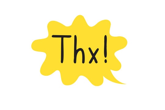THX speech bubble yellow bright icon. Thank you hand drawn quote text. Doodle thx phrase.