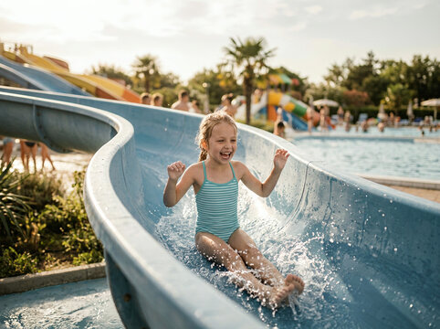 Smiling girl sliding down a water slide on her stomach with arms raised