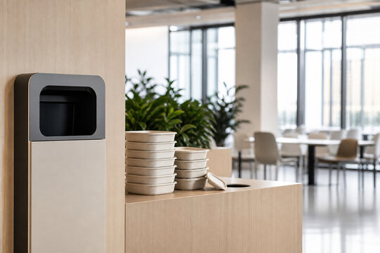 Reusable food container return station in office cafeteria