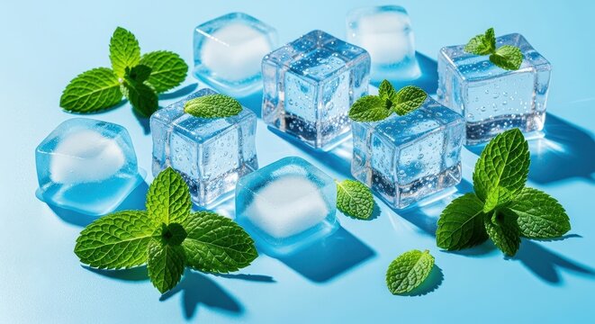 Fresh mint leaves and ice cubes on light blue background.