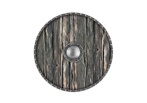 Old wooden round shield isolated on white background