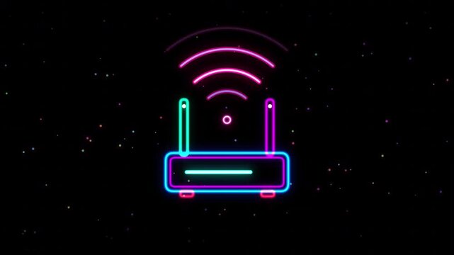 Neon glowing wireless router icon with signal waves motion video