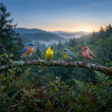 Bluebird goldfinch bunting and finch perched together on a mossy branch