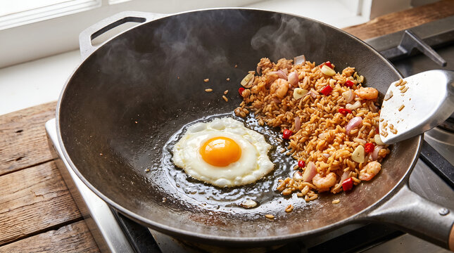 Egg cooking separately in a wok during nasi goreng preparation, showing an authentic culinary technique for recipes, cooking education, and restaurant training.