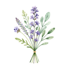 Fototapeta premium Beautiful Watercolor Lavender Bouquet Illustration with Purple Flowers and Green Leaves Isolated on White Background for Floral Wedding Invitations and Botanical Nature Design Concept