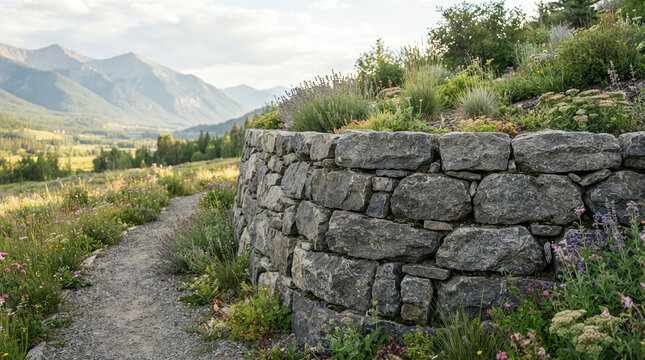 Curved dry stone retaining wall topped with grasses above a wildflower meadow
