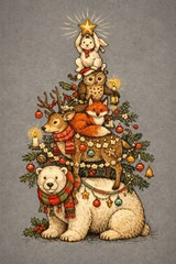 Fototapeta premium Woodland animals decorating a festive Christmas tree.