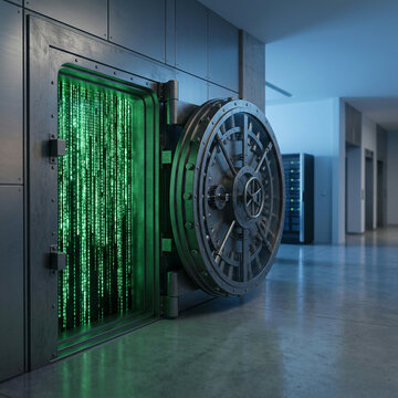 Vault door beside a server rack with green binary code in a data centre