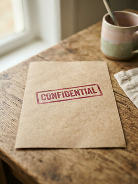 Brown envelope with a red confidential stamp beside an ombre glazed mug