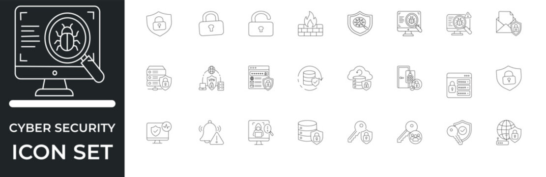 Cyber security line icon set. Featuring firewall protection, bug scanning, secure server, and password access. Vector icons for tech reports, security apps, and SaaS dashboards.