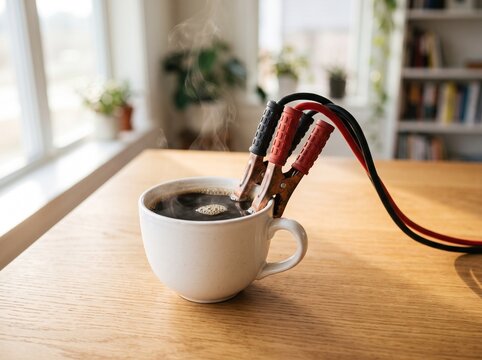Coffee cup jumpstarted with cables for a morning energy boost.