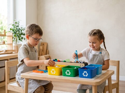 Children sorting waste into colorful recycling bins at a table.