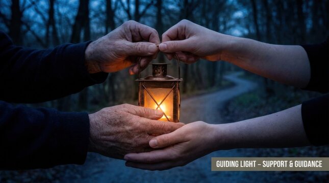 Caring Hands Passing Small Lit Lantern in Dark Misty Woodland