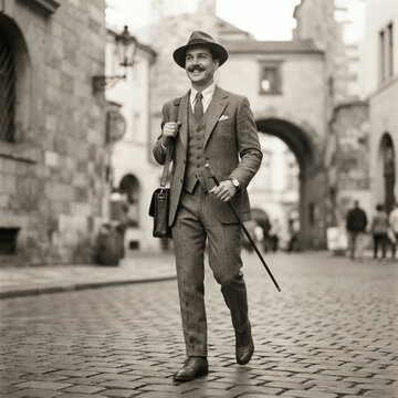 Monochrome man in a tweed suit and fedora walking a cobblestone street